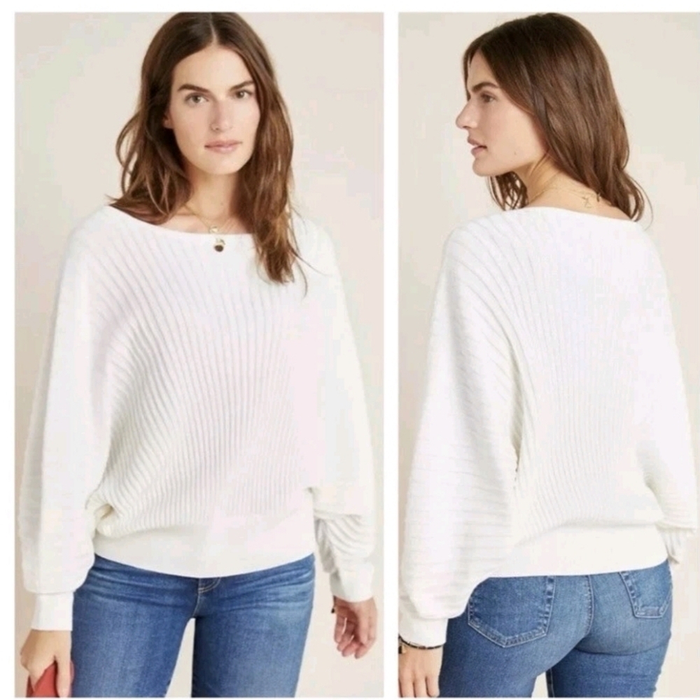 Anthropologie Womens White Karla Boat Neck Cropped Dropped Shoulder Sweater S